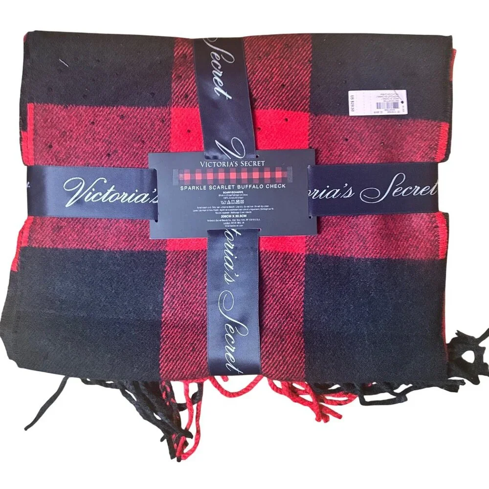 NWT 2 Victorias Secret Cozy Scarves Sparkle Buffalo Check Pink‎ & Red Plaid